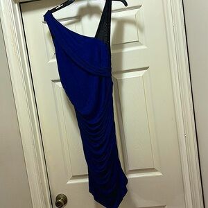 EXPRESS vibrant blue with black midi dress.